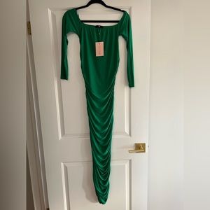 Misguided long sleeve off the shoulder Bardot slinky ruched midi dress